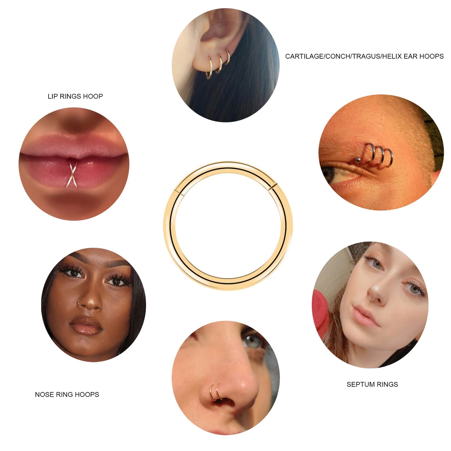 BOGKU 6pcs G23 Titanium Septum Rings 16G Diameter 6mm/8mm/10mm Hinged Nose Ring Hoops Cartilage Hoop Earrings Body Piercing Rings Lip Rings