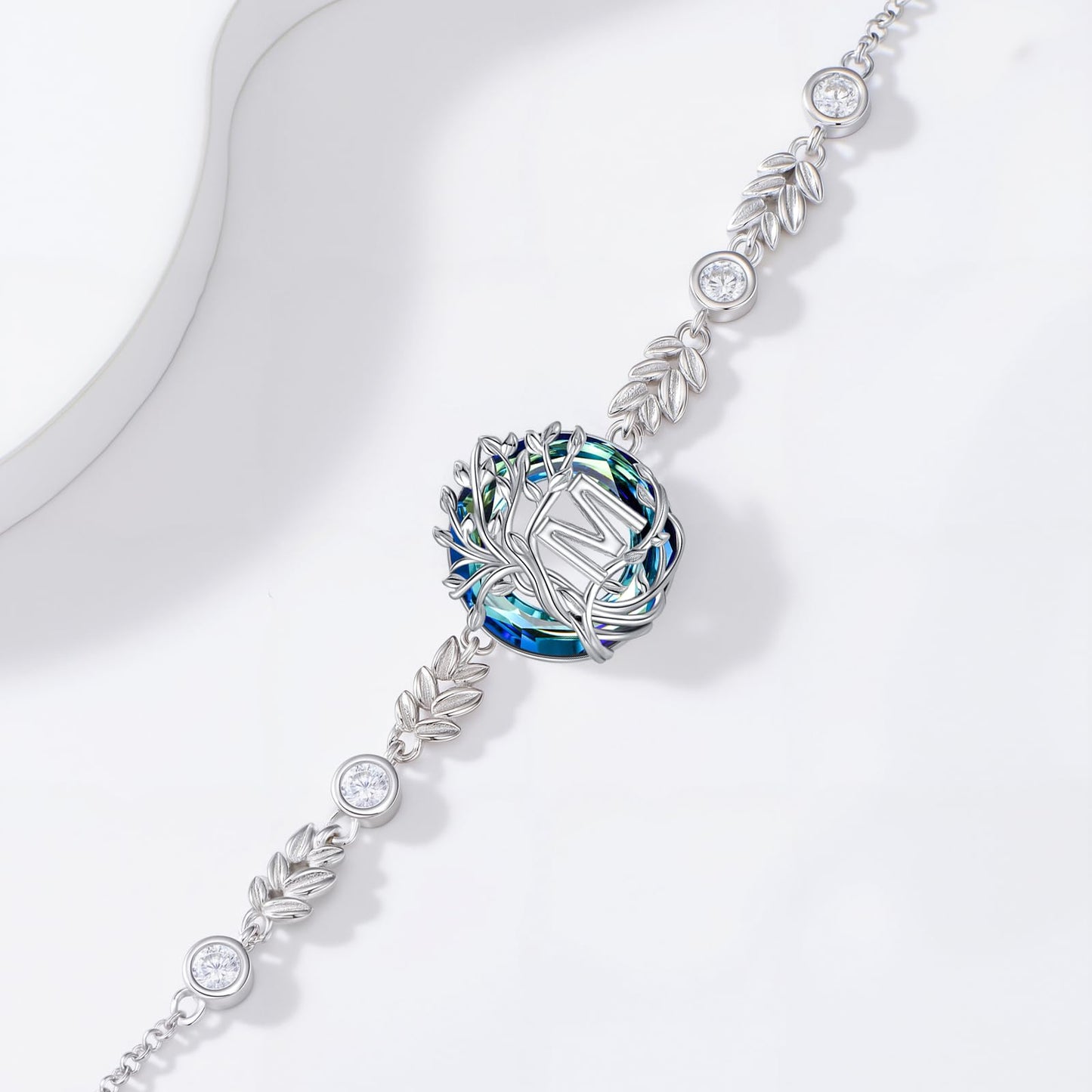 TOUPOP Tree of Life Initial Bracelet Sterling Silver Initials M Letter Link Bracelets Blue Circle Crystal Family Tree Birthday Mothers Day Jewelry Gifts for Women Mom Wife