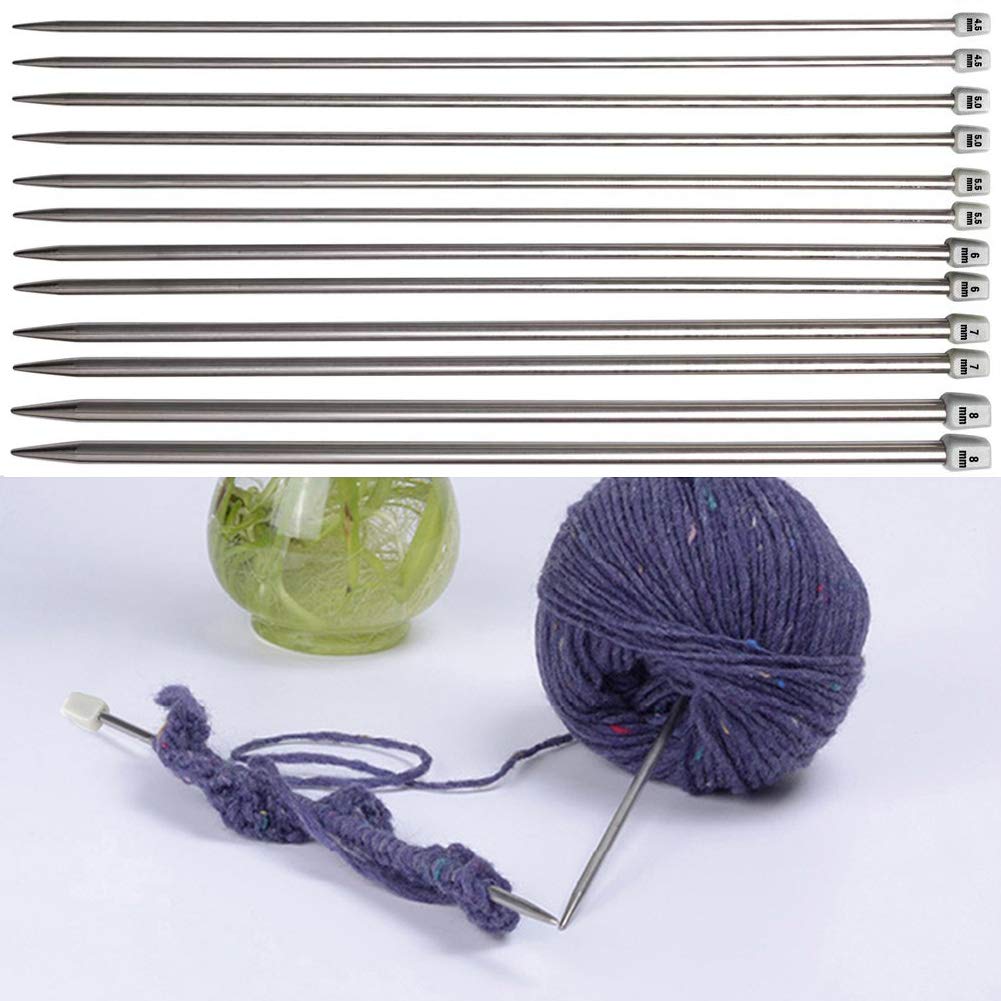 Knitting Needle Set, BCMRUN 22PCS 2mm(B)-8mm(L) Straight Single Pointed Stainless Steel Sweater Needles Set(11Pair-11 Size,9.8 inch) with Locking Stitch Makers Large-Eye Needles Measure Tape (25CM)