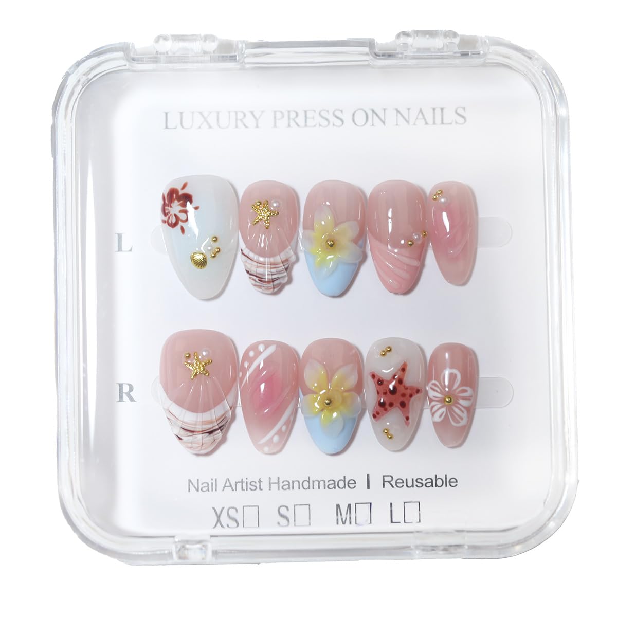 10 Pcs Short Almond Handmade Press On Nails | French Tip with Silver Starburst & Rhinestone Accents | Reusable, Easy to Apply & Remove, Salon-Quality Manicure (RR08, XS)
