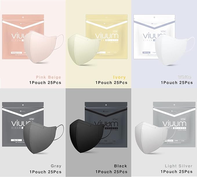 HOMSSEM [25pcs] VIUUM Deluxe Korean Face Color Mask– Soft and Durable Korea Face Mask for Adults –2D 4-Layer Filter 6Color (White-Medium)