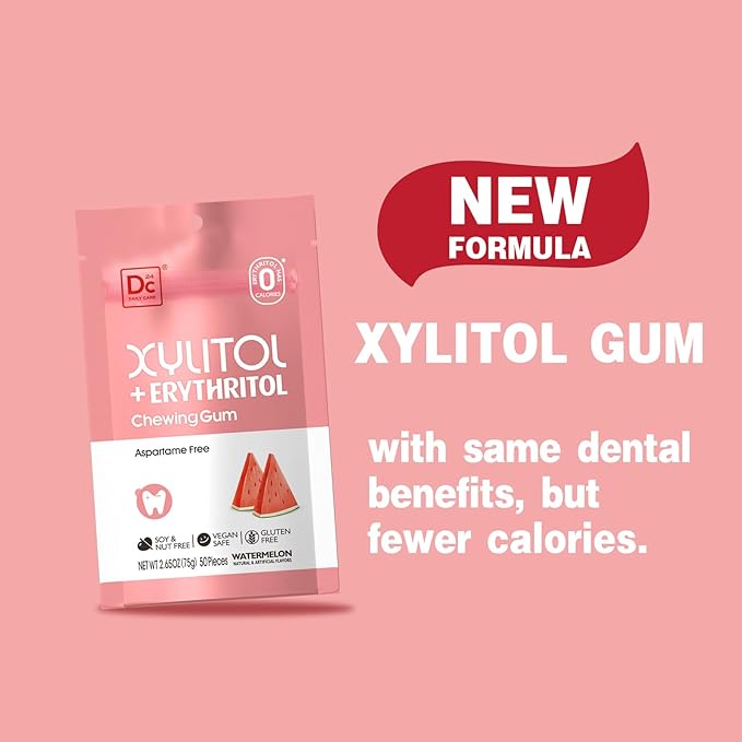 DC24 DAILY CARE Gum, Aspartame Free & Sugar Free, Xylitol Chewing Gum with Erythritol, Low-Calorie, Sugarless, Watermelon Flavored Gum, 50 Pieces (Pack of 1)