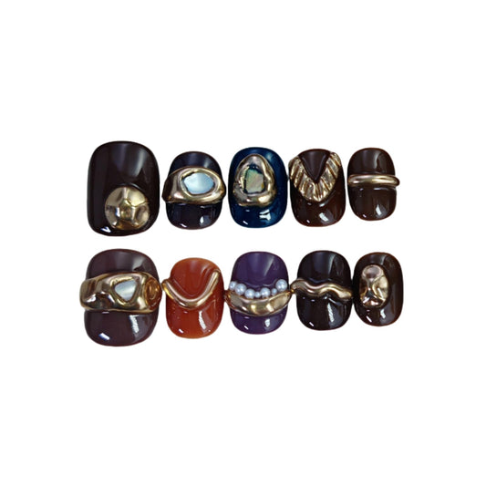Short Square Press on Nails Handmade False Nails with 3D Designs/Charms, Cute Reusable Fake Stick on Acrylic Tips (Vintage Brown, Medium)