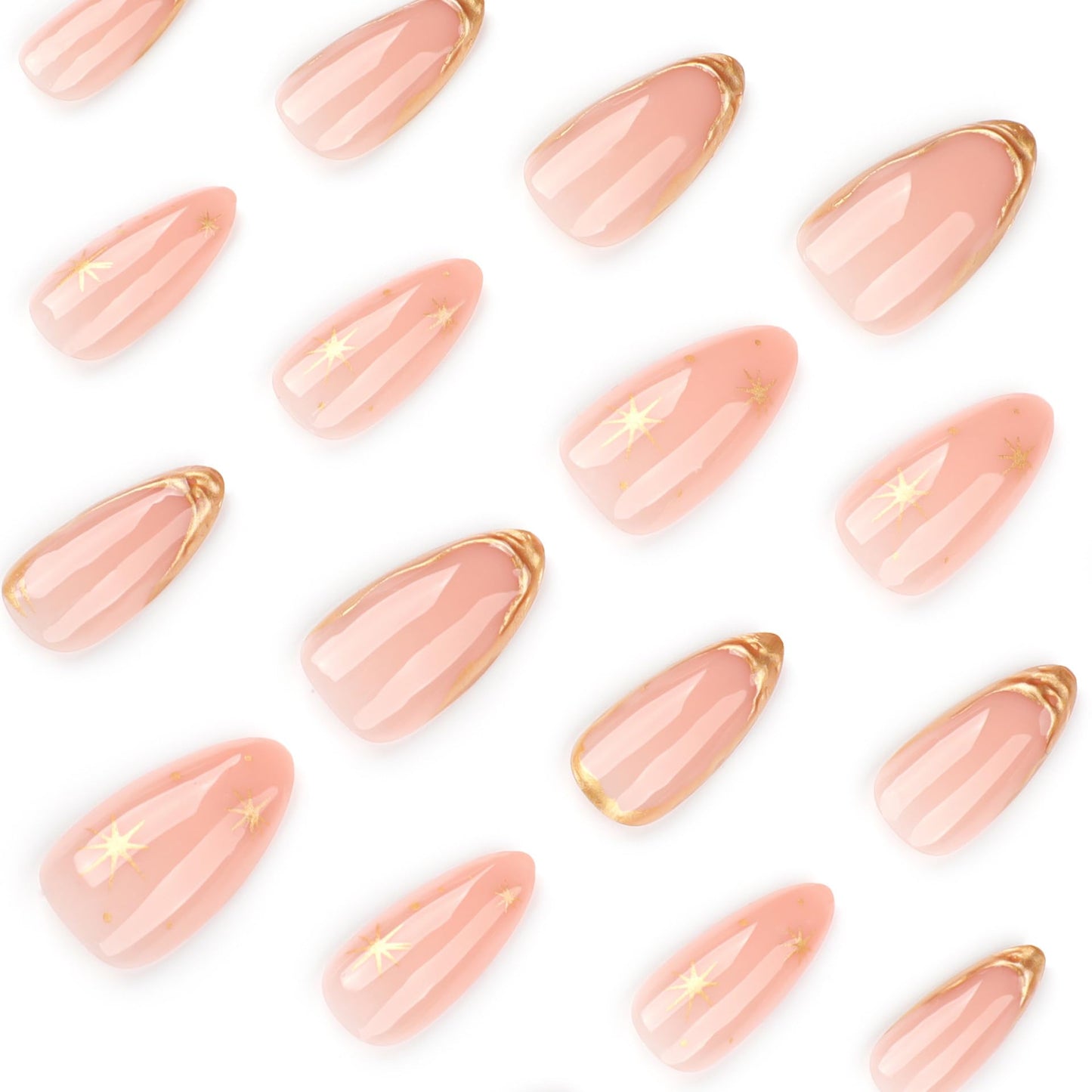 Gold Press on Nails Almond Medium Length Nude Fake Nails with Star Designs Pink False Nails Full Cover Glossy Summer Fingernails Stick on Nails for Women French Manicure Kit