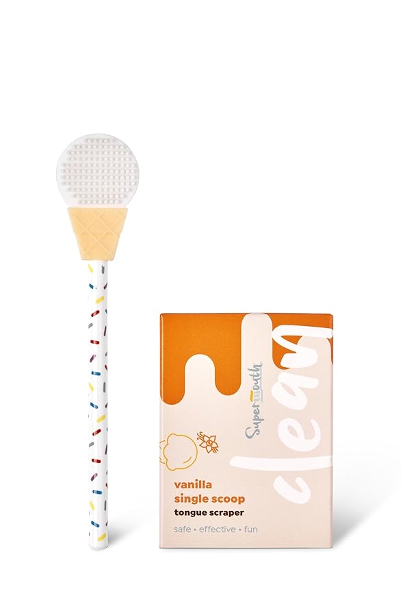 SuperMouth® Single Scoop Tongue Scraper for Toddlers & Kids Ages 2-5 – Dual-Sided Brush & Scraper Removes Odor-Causing Buildup, Fights Bad Breath, Gentle Easy-Grip Design, 3 Scents, Early Oral Care