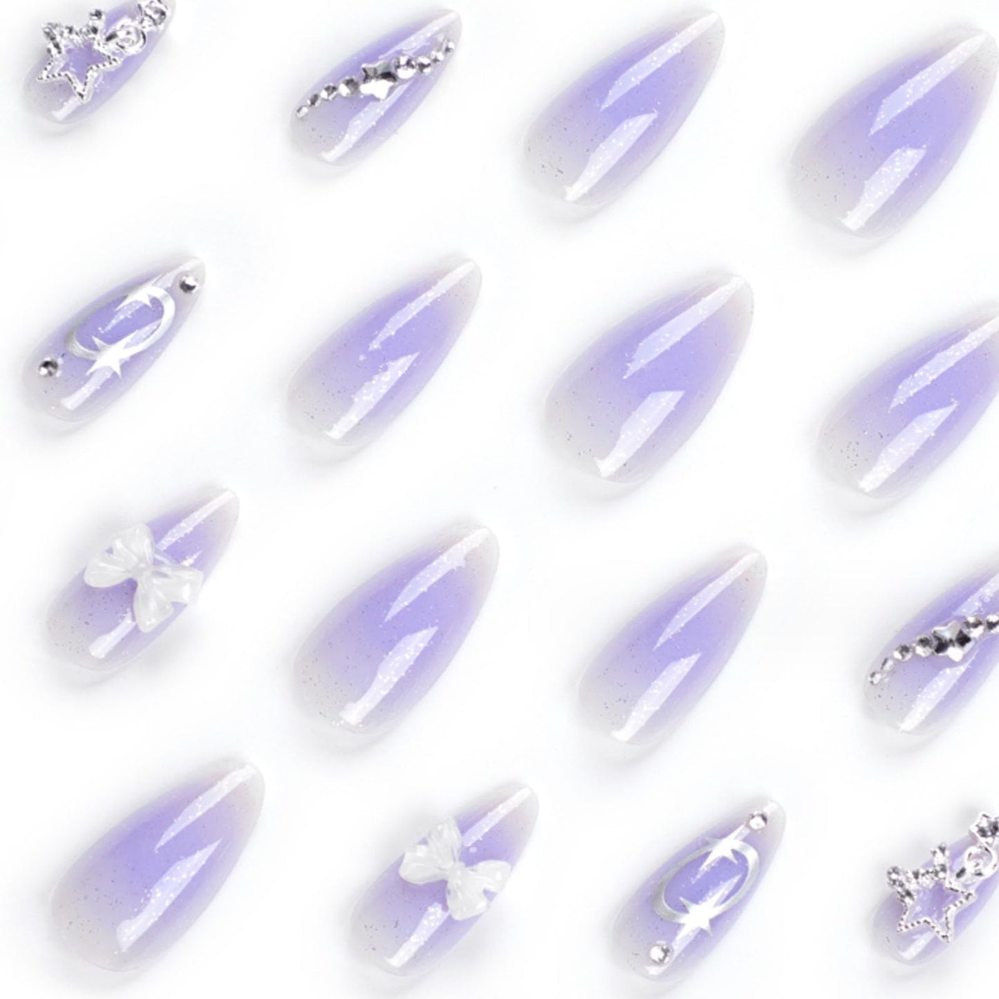 Hkanlre Long Almond Press on Nails Bow Fake Nails Tips Full Cover False Gradient Nails for Women and Girls 24PCS