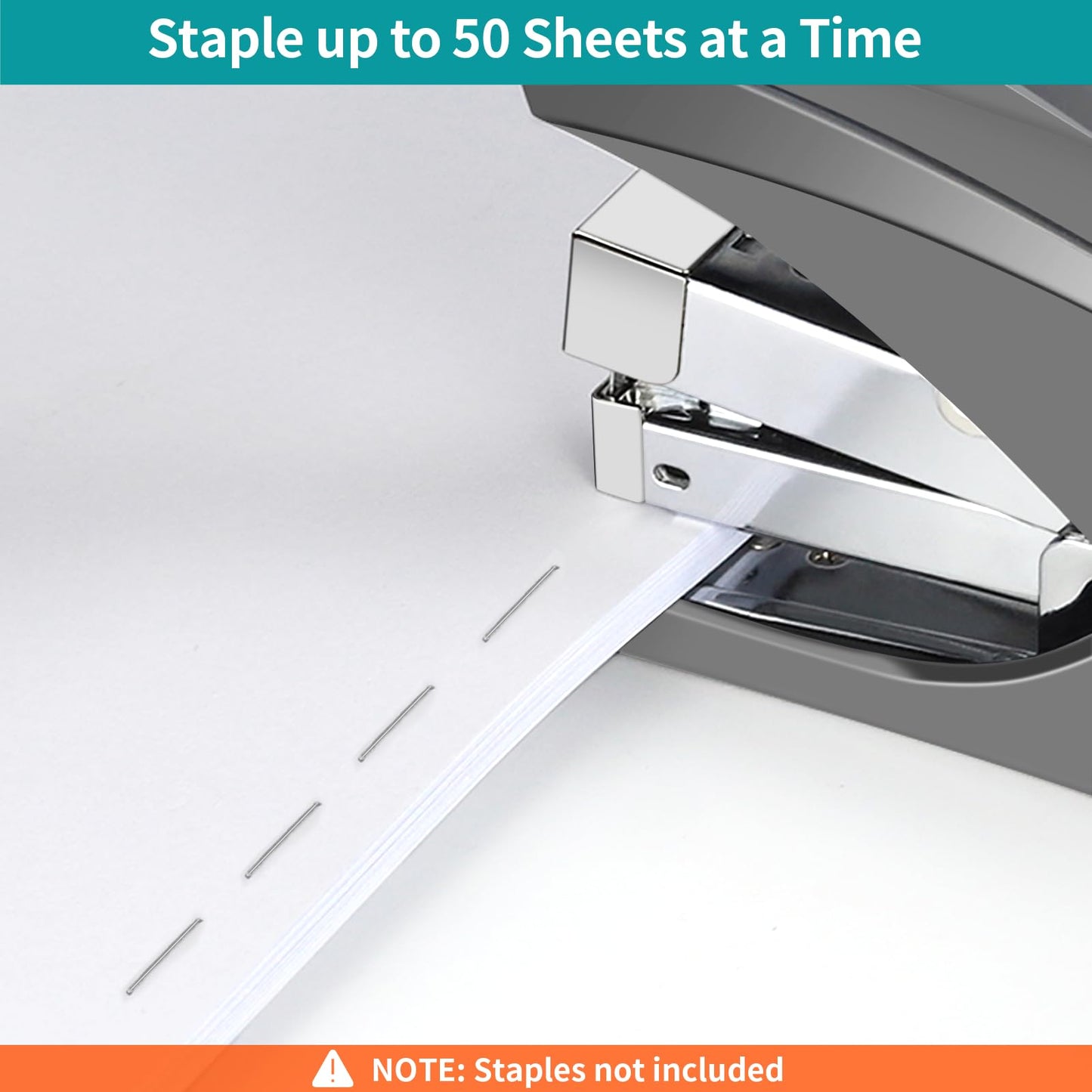 AFMAT Effortless Stapler for Desk, 50 Sheet Desktop Stapler, Ergonomic Office Staplers, One Finger Touch Stapling, Built-in Remover, Portable & Space Save Size, Good for Home & Office ES10(Gray)