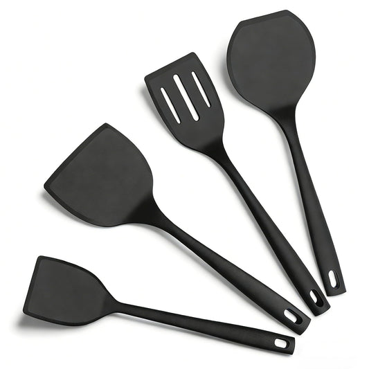 KoudHug Silicone Spatula Turner Set, 600°F High Heat Resistant Spatulas for Cooking, BPA Free, Large Flexible Kitchen Utensils Flipping Eggs, Pancakes, Fish, Burgers, Dishwasher Safe (4 Pack, Black)