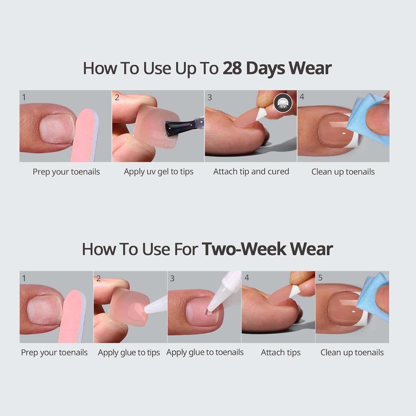 BTArtbox Press On Toenails - Soft Romance, Lamp-Curable 4-Week Wear Hot Pink French Tip Square Toe Nail Press Ons with Glue and Adhesive Tabs, Easy-to-Apply in 15 Sizes - 30 Toenails All-in-One Kit