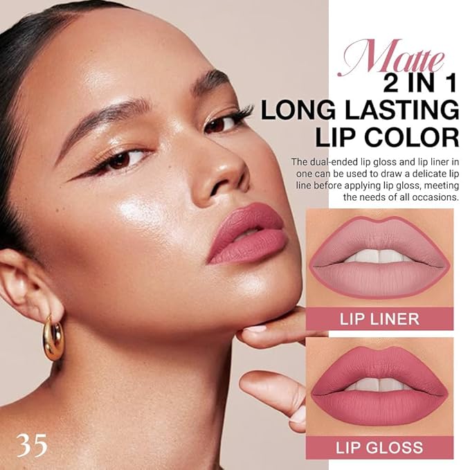 1Pcs 2 in 1 Mauve Pink Matte Lip Liner and Liquid Lipstick Stain Makeup Set for women, Light Mauve Long Lasting Smudge Proof Lip Tint Matte Finish Lip Gloss for All-Day Color Hold Easy to Use 35#