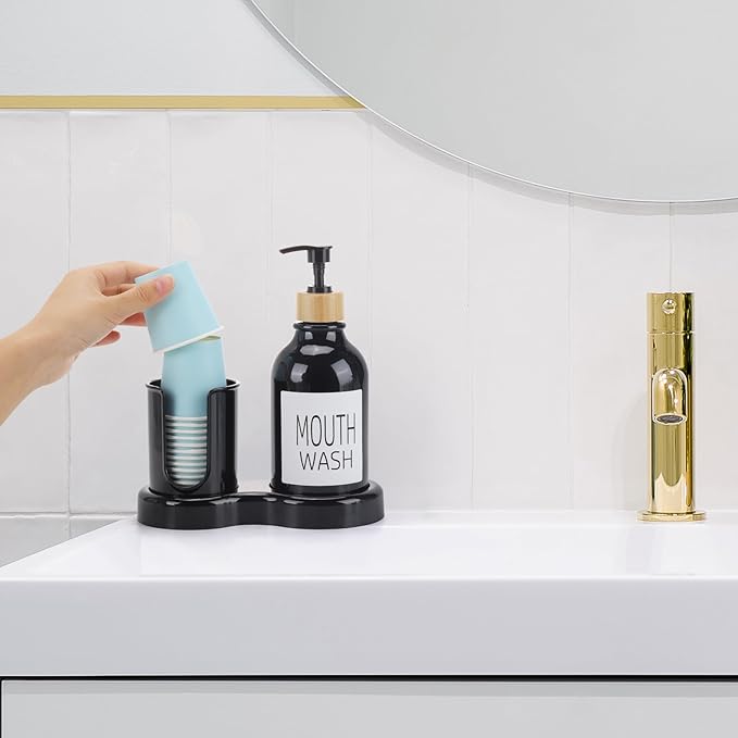 Mouthwash Dispenser for Bathroom, 16oz Plastic Mouthwash Dispenser with Cup Holder and Tray Mouth Wash Bottle Container - Black