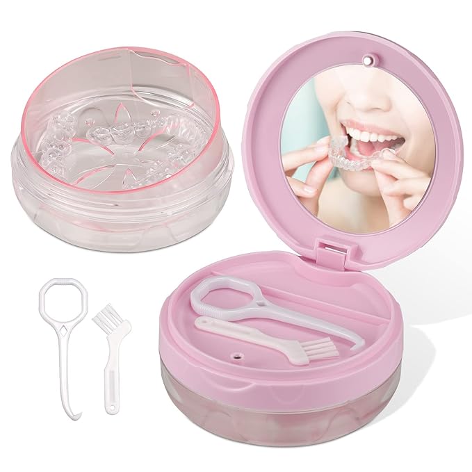 Denture Case, Leak Proof Denture Bath Case Cup Kit for Travel Cleaning, Heigoeost Denture Holder Box Bath Soaking Container for Women & Men with Mirror, Strainer, Removal Tool and Denture Brush(Pink)