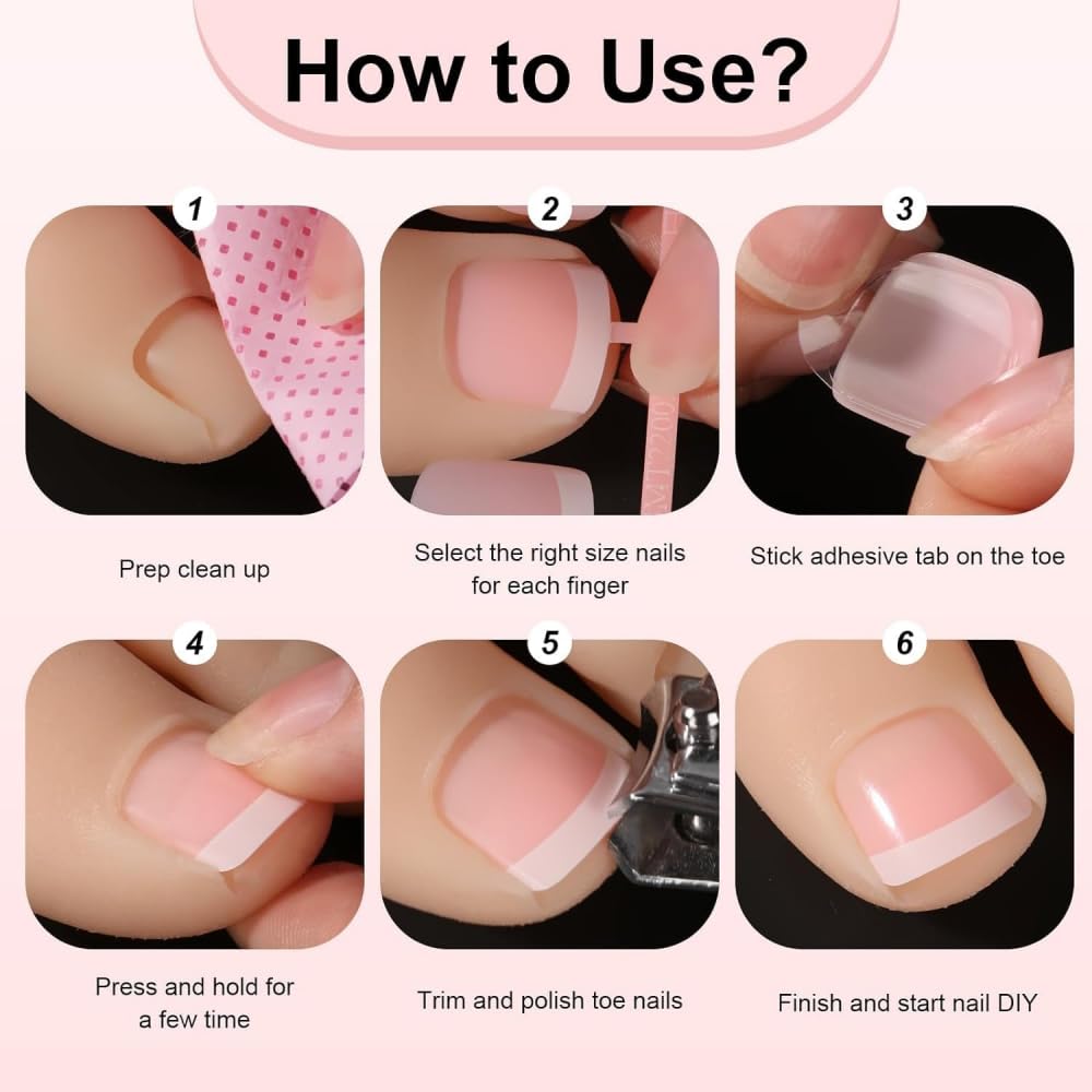 48Pcs White French Tips Press on Nails Nude Pink Press on Toenails Medium Long Square Glue on Nails with Designs Full Cover Skintones False Nails Glossy Summer Fake Toenails for Women DIY Manicure