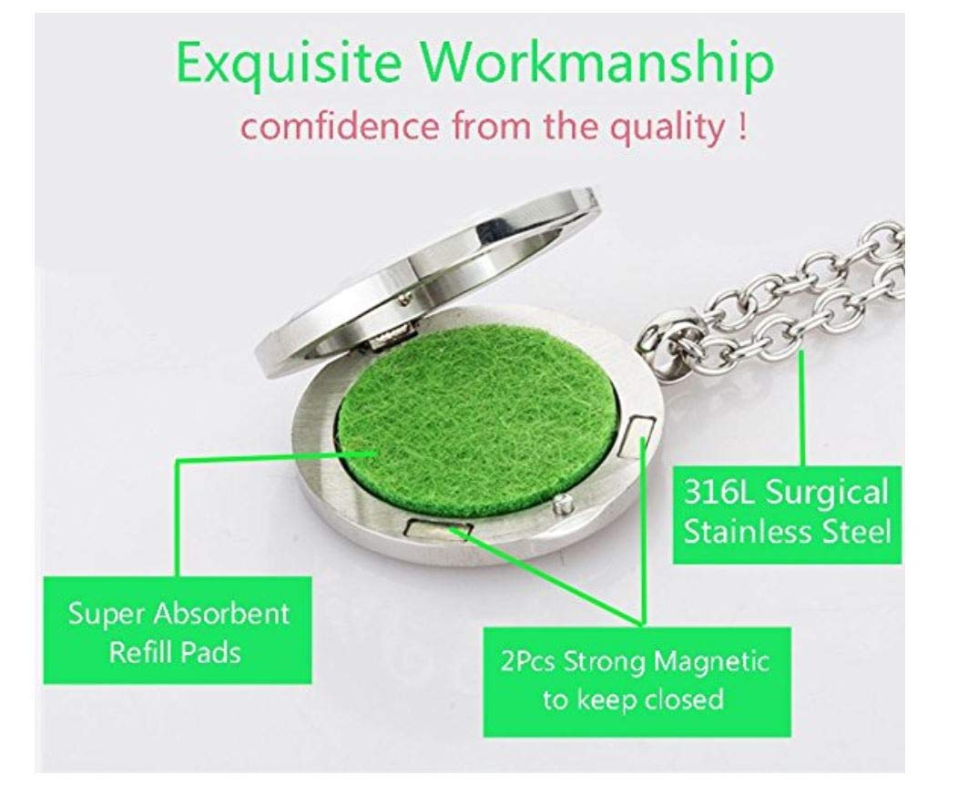Aromatherapy Essential Oil Diffuser Stainless Steel 30 MM Silver Magnetic Locket Pendant 2 Sizes Chain Necklace, Refill Pads & Diffuser Bracelet in a Velvet (Ornaments)