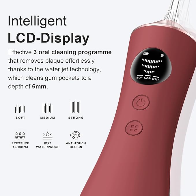 Water Dental Flosser for Teeth, Portable Cordless Water Flosser with 300ML Rechargeable with Type-C, IPX7 Waterproof Water Flossers for Adults with 3 Intensity Modes and 3 Flossing Tips Bordeaux