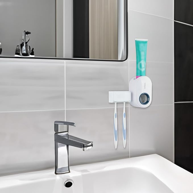 Toothbrush Holder Wall Mounted with Cover for Bathroom, 2 Slots Toothbrush Storage Organizer for Shower, Self Adhesive Toothbrush Hanger with Automatic Toothpaste Squeezer Dispenser