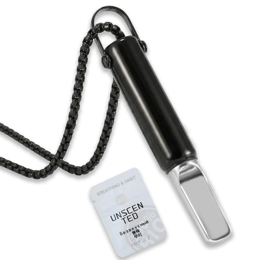 Breathing Necklace to Quit Smoking, Stainless Steel Smokeless Inhaler, Deep Breathing Aid, 3 Unscented Sponge Cores, Portable Velvet Bag, for Yoga, Office, Study, Meditation(Black)