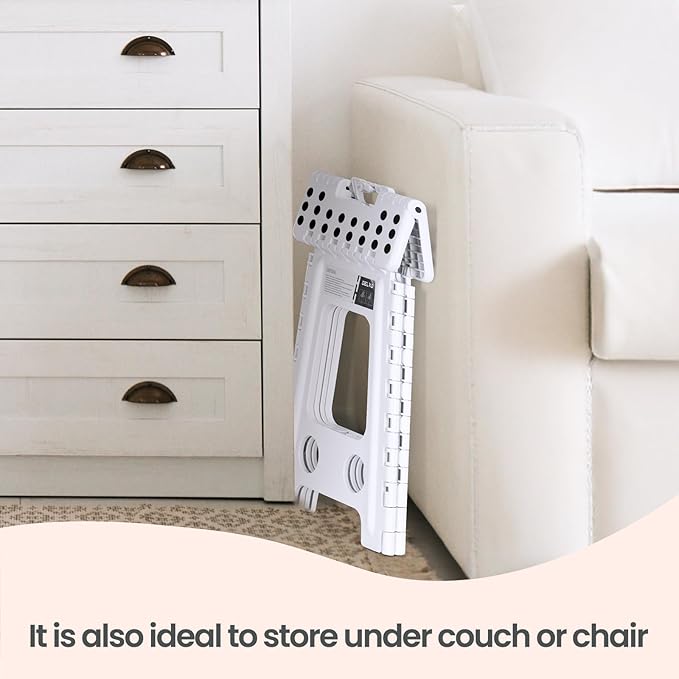 Delxo 16 Inch Folding Step Stool, White Step Stools for Kids Foldable,Portable Collapsible Step Stool with Handle, Folding Stool for Kitchen Bathroom,Bedroom,Garden