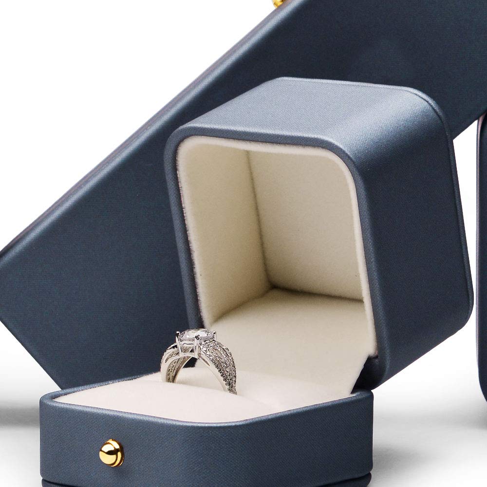 Oirlv Gorgeous Steel-Blue Ring Box Premium Leather Ring Gift Box for Wedding,Proposal Jewelry Storage Case
