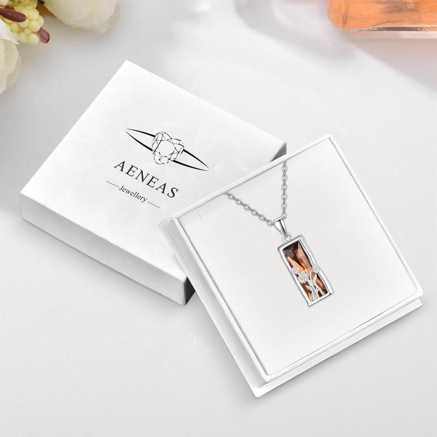 AENEAS Daisy Necklace for Women Sterling Silver Pendant Brown Quartz Necklace Crystal Daisy Flower Jewelry Gifts for Her Wife