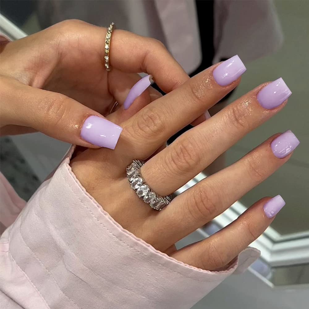 KQueenest Light Purple Square Press on Nails Short, Gel Glue on Nails Press on, Soft Short Fake Nails Set, Pure Stick on Nails for Women, Lilac Acrylic Nails Set for Daily Manicure, 24 Pcs
