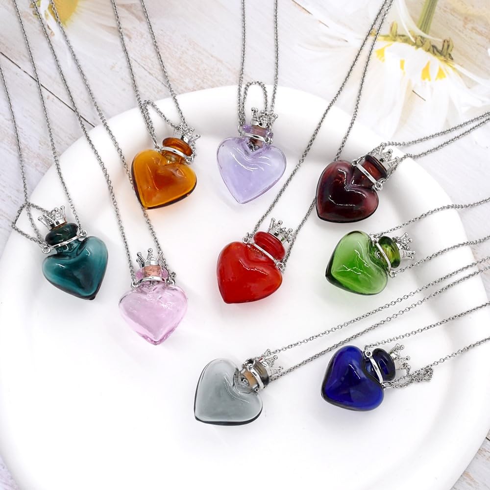 Glaze Glass Heart-Shaped Refillable Essential Oil Necklace Pendant - Aromatherapy Perfume Diffuser Pendant with Stainless Steel Chain (Dark Blue)