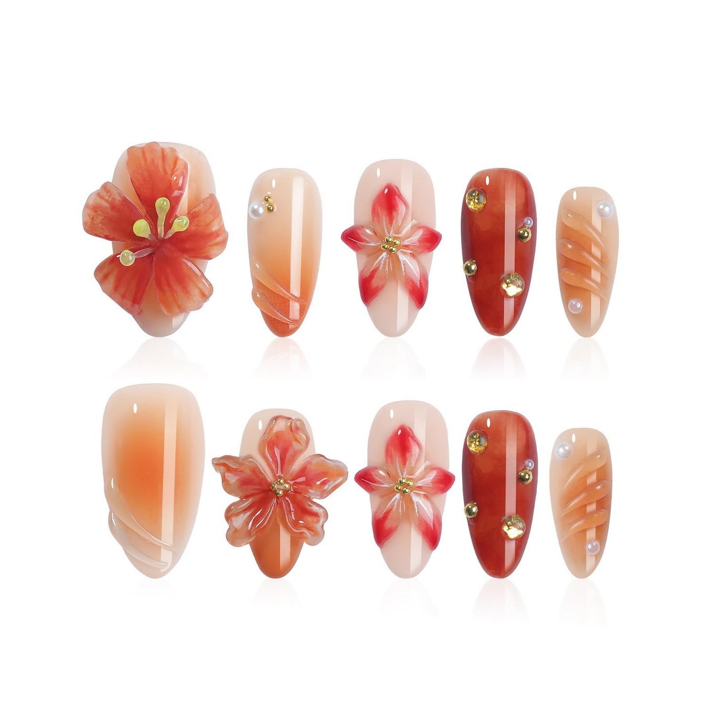 Handmade Press on Nails Medium Almond Glitter Fake Nails 3D Luxury Flower and Rhinestones Embossed Designs Handmade for Girls Manicure Art Decoration Accessories (Size S)