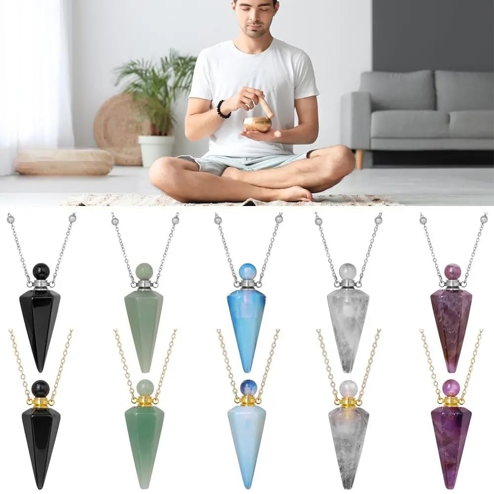 925 Sterling Silver Essential Oil Necklace For Women And Men, Natural Crystal Stone Cone Shape Pendant Necklace Healing Perfume Bottle Necklace Essential Oil Pendant Necklace (4 - Essential Oil Necklace)