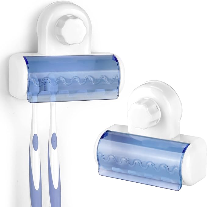 2 PCS Self Adhesive Toothbrush Holder with Cover for Bathroom, 5-Slot Wall Mounted Toothbrush Organizer Rack for Shower, Dorm, Cabinet