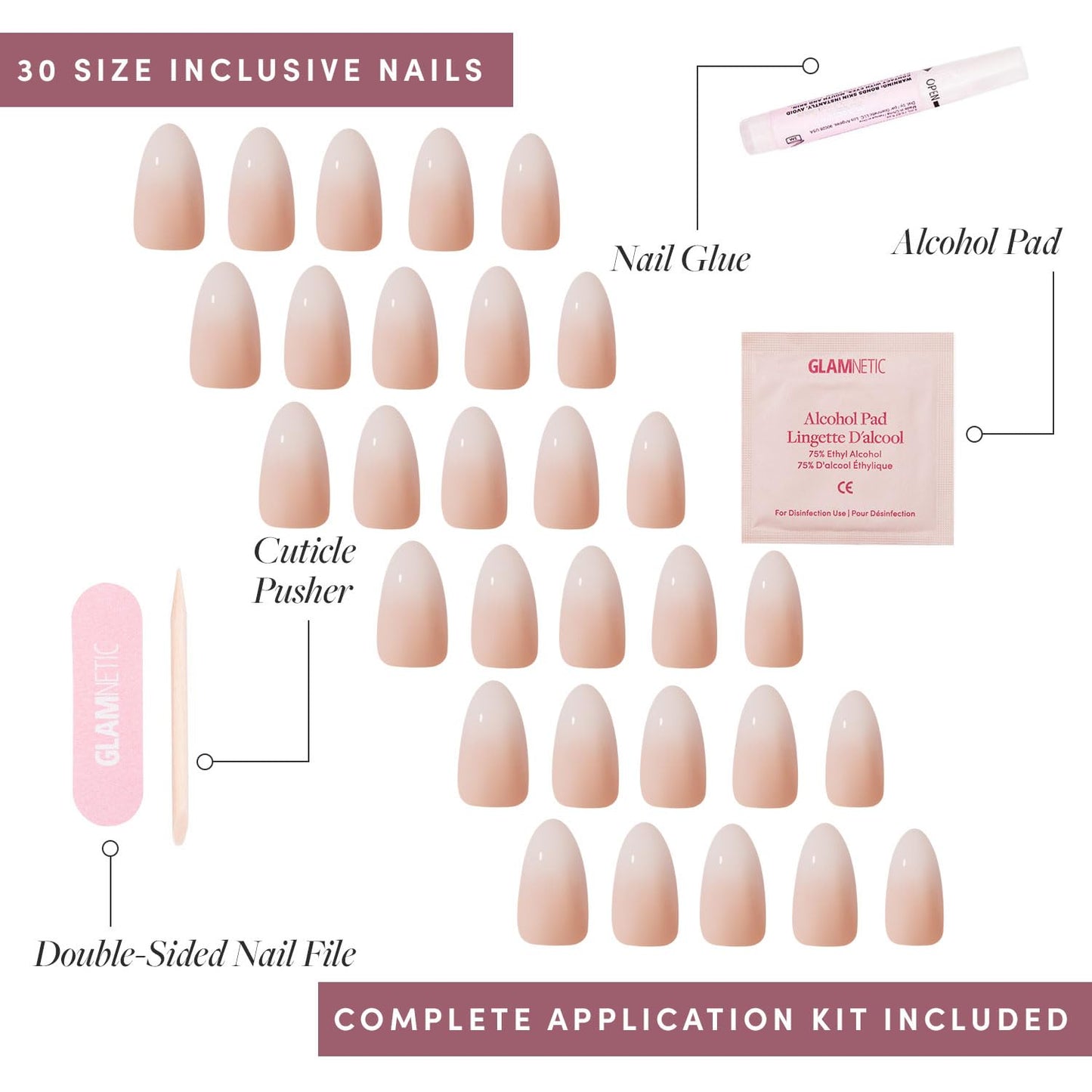 Glamnetic Press-On Nails Bundle - In The Nude, Fiancéd & Goal Digger | Medium Square Fake Nails, Sheer Nude Neutral | Short Almond False Nails with a Ombré | Natural Short Round False Nails with