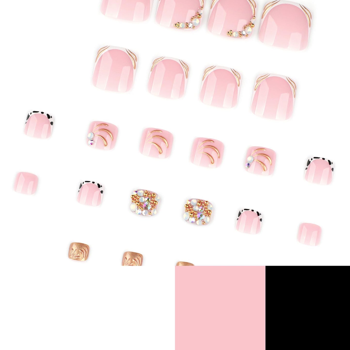 RUOKEXIN Short Press on Toenails French Tip Fake Toenails with Gold Rhinestones Designs Square Toe Nail Press ons Sparkly Artificial Nails for Women 24Pcs