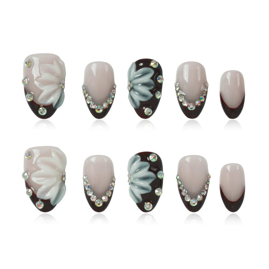 Tesytto Handmade Press on Nails Almond Shape Glossy Reusable False Nails for Nail Art (Burgundy Bloom Gem, M)