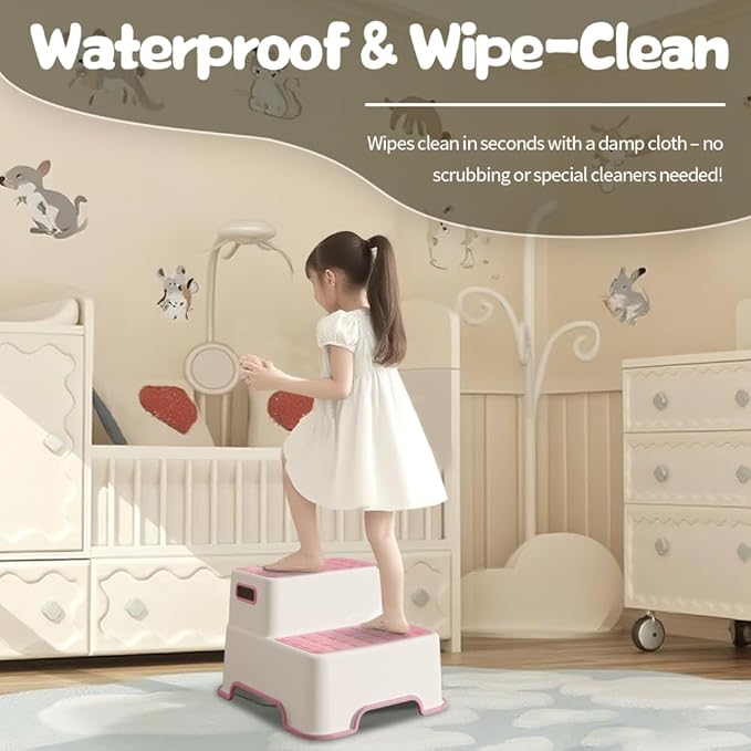 Toddler Step Stool for Bathroom Sink, 2 Pack Step Stool for Kids, Plastic Potty Training Toilet Stepping Stools, Child and Baby Lightweight&No-Slip Two Step Stools for Kitchen(Off-White/Pink)