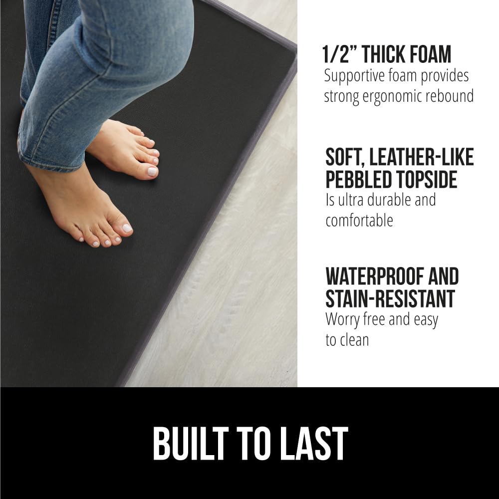GORILLA GRIP 2 Pack Comfortable Cushioned Kitchen Mats for Floor, 17x24 + 17x48, Waterproof and Stain Resistant, 1/2 Inch Thick Soft Ergonomic Standing Desk Anti Fatigue Mat, Foam Supports Feet, Black