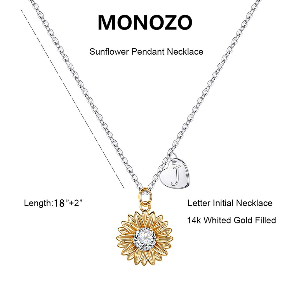MONOZO Initial Sunflower Necklace for Women Trendy, 14k Gold Plated Sunflower Necklace Pendant CZ Heart Letter Initial J Necklace You Are My Sunshine Sunflower Gifts for Women Jewelry