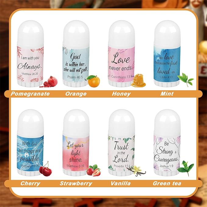 72 Pcs Christian Mini Lip Balm Bulk Gift, 8 Flavors, Moisturizing for All Skin Types, Gift for Operation Christmas, Christian Charity Donation Supplies