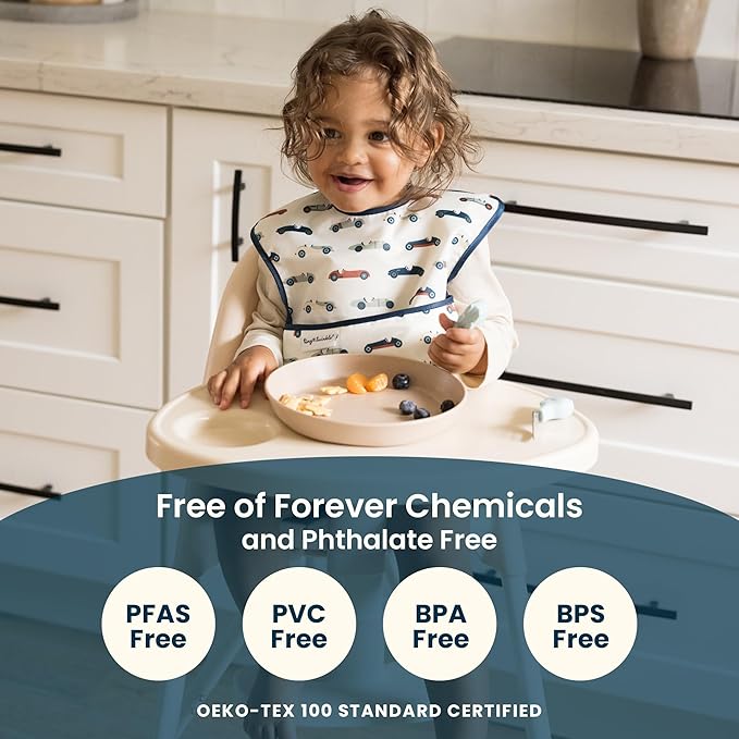Tiny Twinkle Mess-Proof Baby Bibs for Eating | Waterproof, Wipeable Toddler Bibs with Catch-All Pocket | Feeding Bibs for Girls & Boys(3 Pack,Sage, Charcoal)