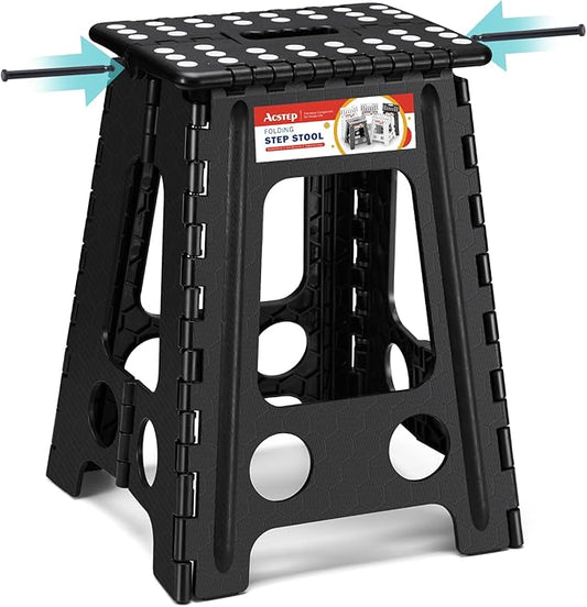 ACSTEP Folding Step Stool 17.5 Inch Heavy Duty Step Stool Foldable for Adults and Kids, Collapsible Stepping Stool with Handle, Non Slip Folding Stools for Kitchen Hold Up to 400lbs (Black 1PC)