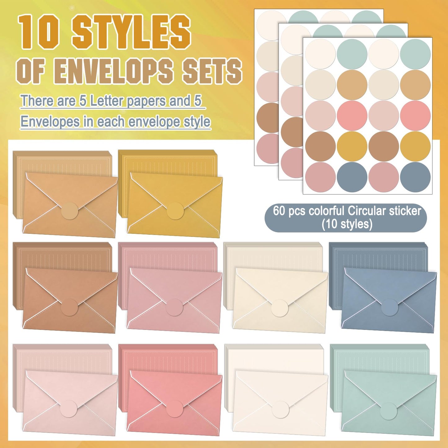 TaoBary 160 Packs Stationery Paper Set (50 Double Sided Stationery Writing Papers 50 Matching Envelopes) 60 Round Dot Sticker, 10 Design (5.5 x 8.25 Inch,Boho Color)