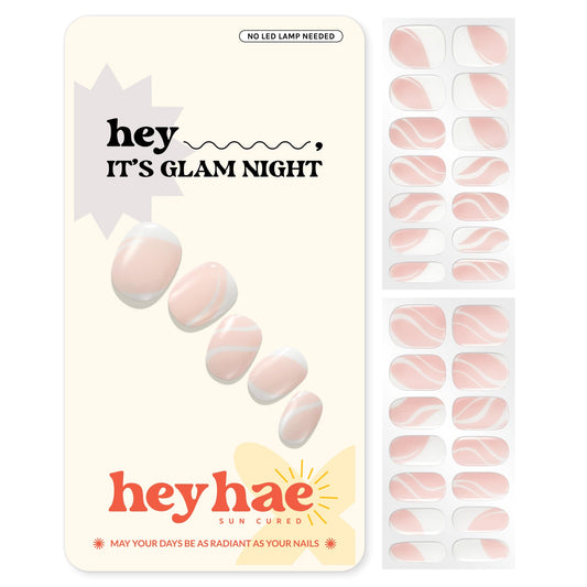 Heyhae Semi Cured Gel Nail Strips | No LED Lamp Needed | French, Pink, Spring | Easy Apply & Remove, Salon Quality | Includes 28 Strips, 1 Prep Pads, Nail File & Wooden stick - Hey, It's Glam Night