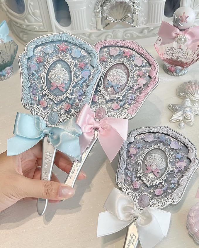 Flower Knows Shell's Jewel Hand Mirror,Vintage Portable Handheld Mirror,Fancy & Pretty Princess Mirror with Long Handle,Gift for Girls(Blue Seashell)