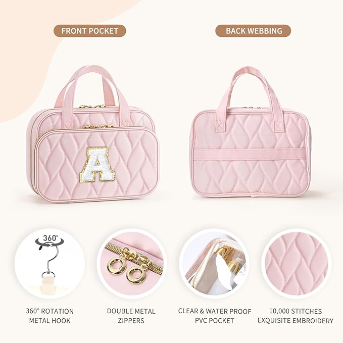 YOOLIFE Personalized Birthday Gifts for Women Teen Girls - Hanging Toiletry Bag Makeup Bag for Women Girls, Initial Toiletry Bag Makeup Bag, Letter B, Pink