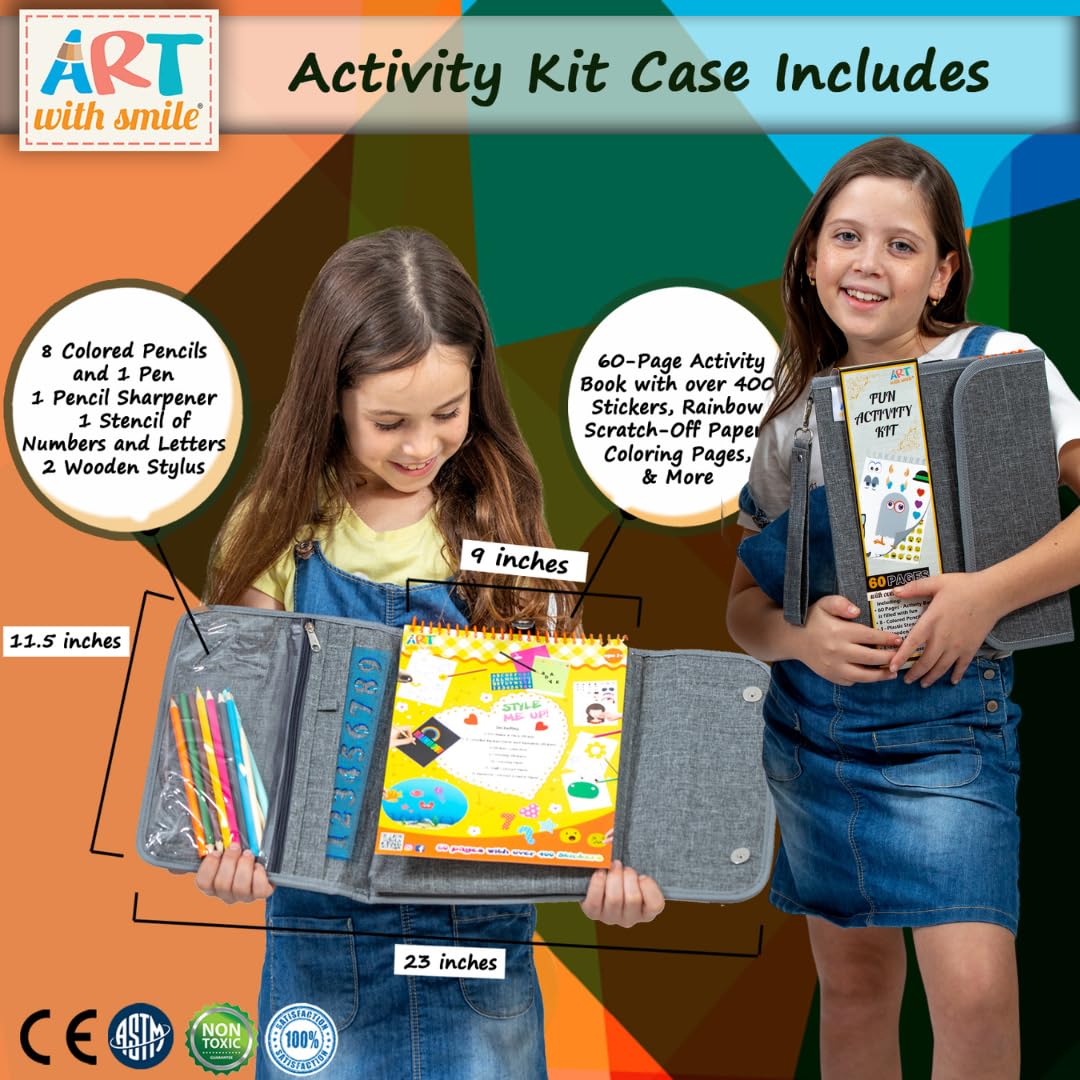 Activity Book for Girls and Boys - Premium Case Includes Large 60-page - 420 Stickers, Rainbow Scratch Papers, Reusable Stickers, Coloring Pencils, Numbers and Letters Stencil - Educational Toys Gift