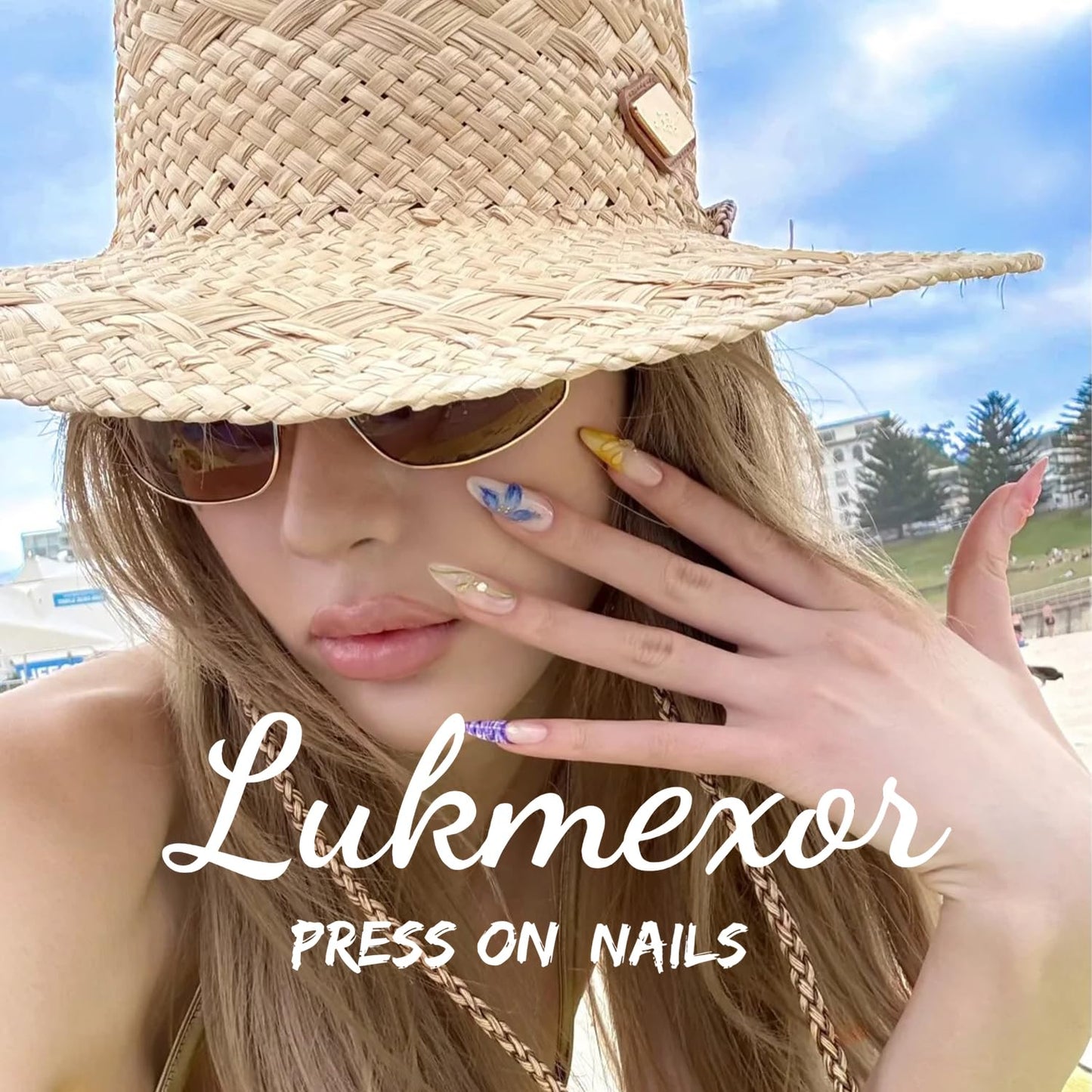 French Tip Press On Nails Almond Medium Fake Nails Glossy 3D Flower False Nails Press Ons With Gold Bead Design Stick On Nails Full Cover Reusable Glue On Nail For Women Nail Decorations