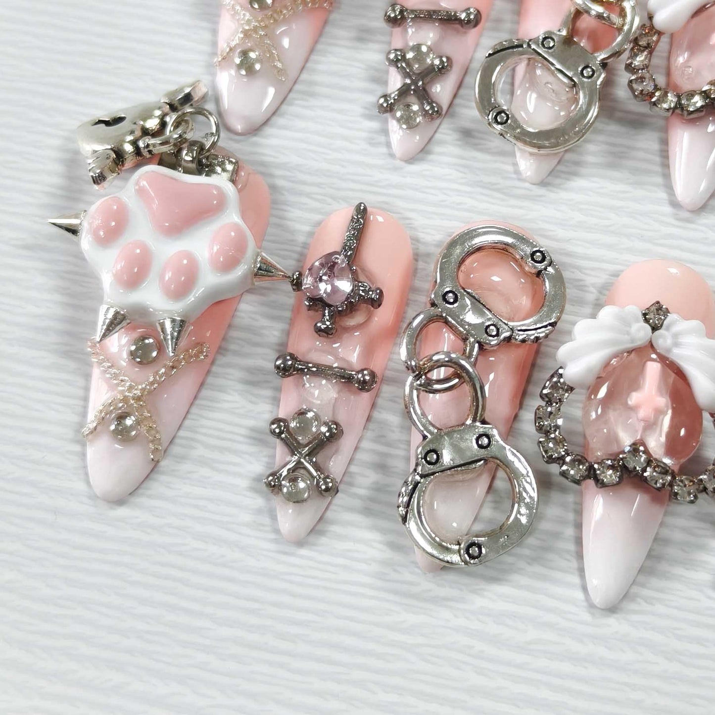 Hantyer Nude Ombre Gothic Press on Nails with Cat Paw Print & Silver Charms, Long Stiletto Glossy Sweet Cute Fake Nails, Reusable Kawaii False Nails for Women Birthday Party Cat Lover Gifts (Size S)