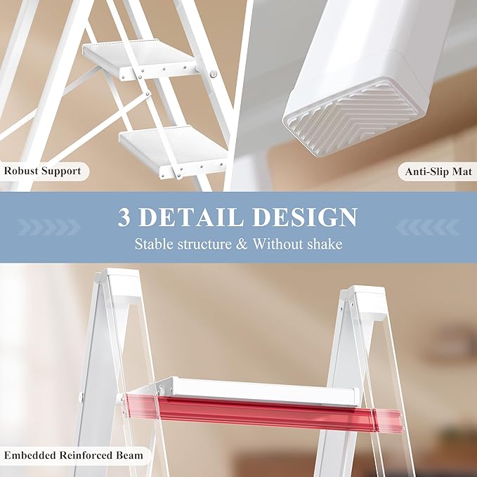 GameGem 2 Step Ladder, Folding Step Stool with Wider Pedal, Anti-Slip Feet & Non Slip Stripes, Aluminum Sturdy Material, 300Lbs Capacity, Elegant Look of Modern White Better Matches Your Home