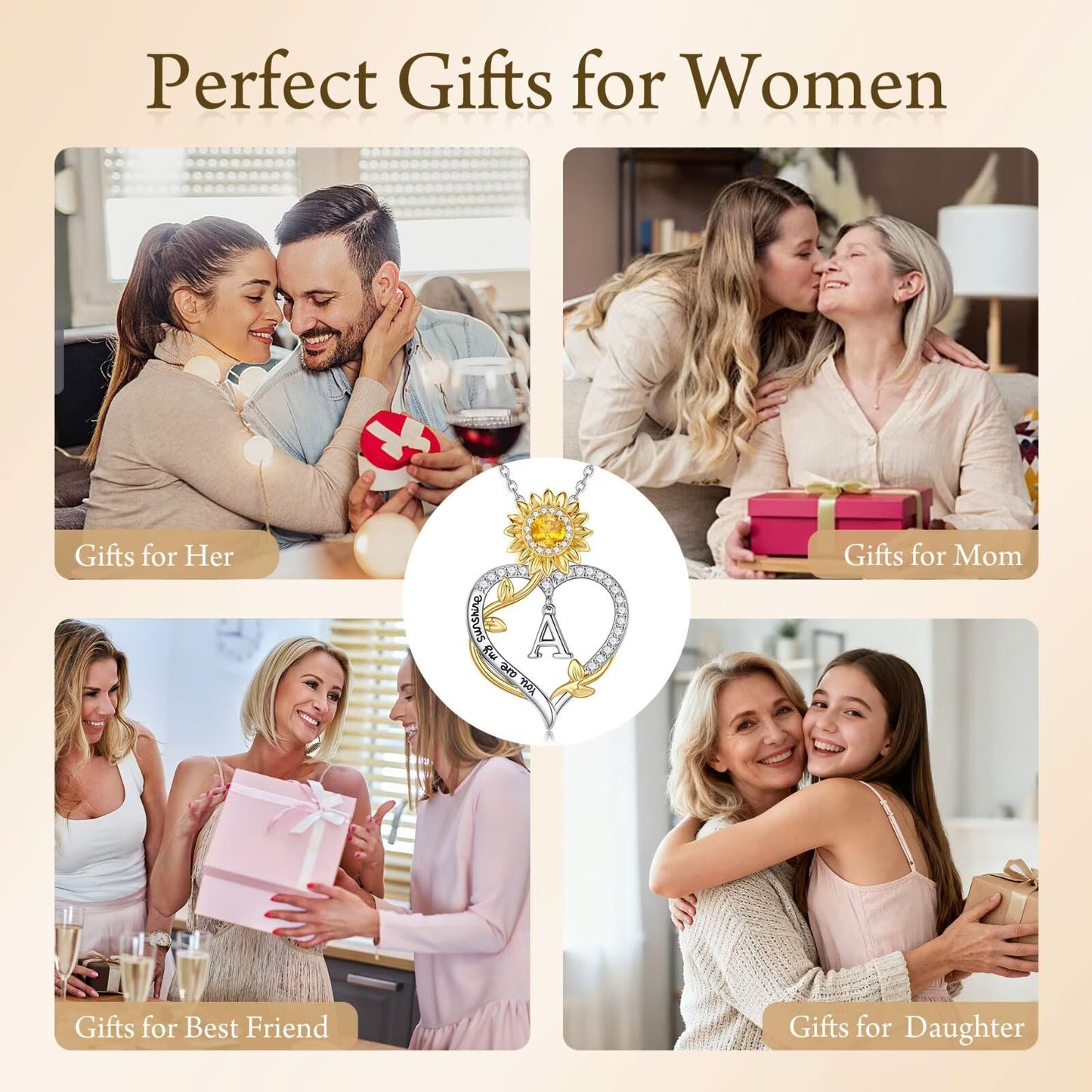 MONOOC Sunflower Gifts for Women - 14K-White-Gold-Plated Sunflower Initial Necklaces for Woman Heart Initial Letter D Necklace, Anniversary Birthday Gifts for Women Wife Mom Jewelry Gift