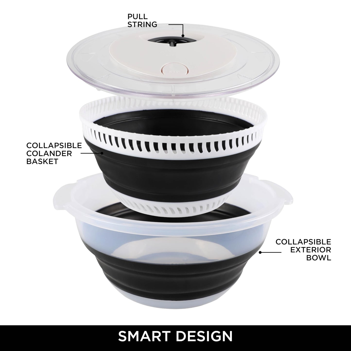 COOK WITH COLOR Collapsible Salad Spinner - 4 QT Space Saving Lettuce Dryer with Folding Collapsible Colander Great for Washing and Drying Fruit and Vegetables (Black)