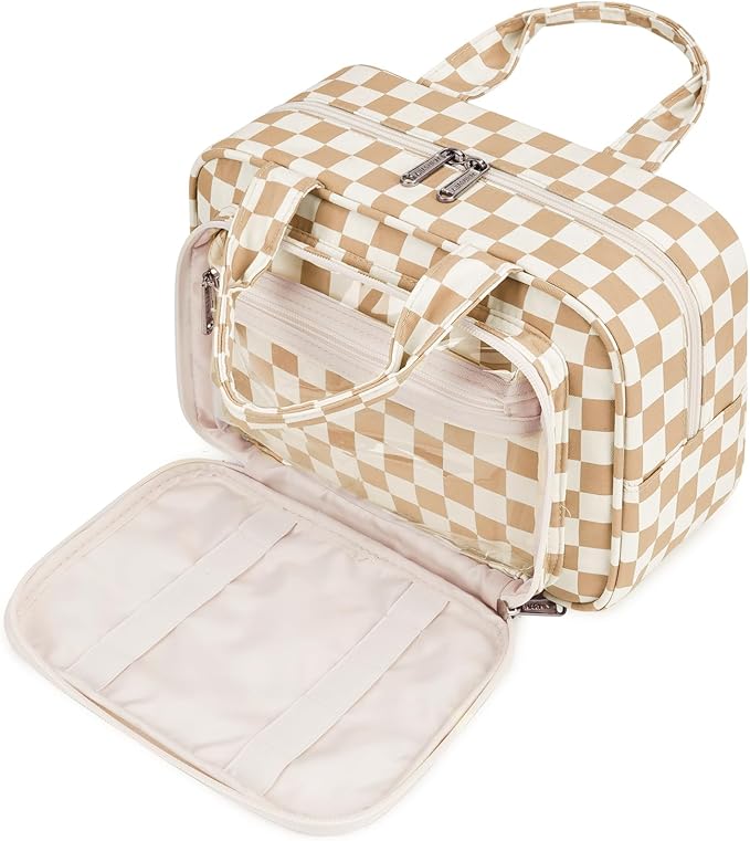 Narwey Large Travel Toiletry Bag for Traveling Women, Cosmetic Makeup Bag Make Up Organizer, Checkered Travel Bag for Toiletries with Handle (Light Checkerboard)