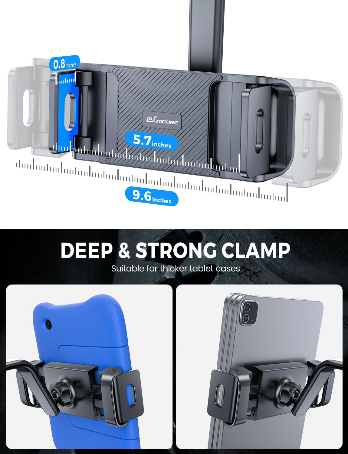 eSamcore Tablet Holder for Car Dashboard, Windshield Mount Holder for iPad & Foldable Phone Stand with Stable 360° Adjustable Clamp Car Gadgets & Accessories for iPad Air Pro Mini All 6”-11” Devices